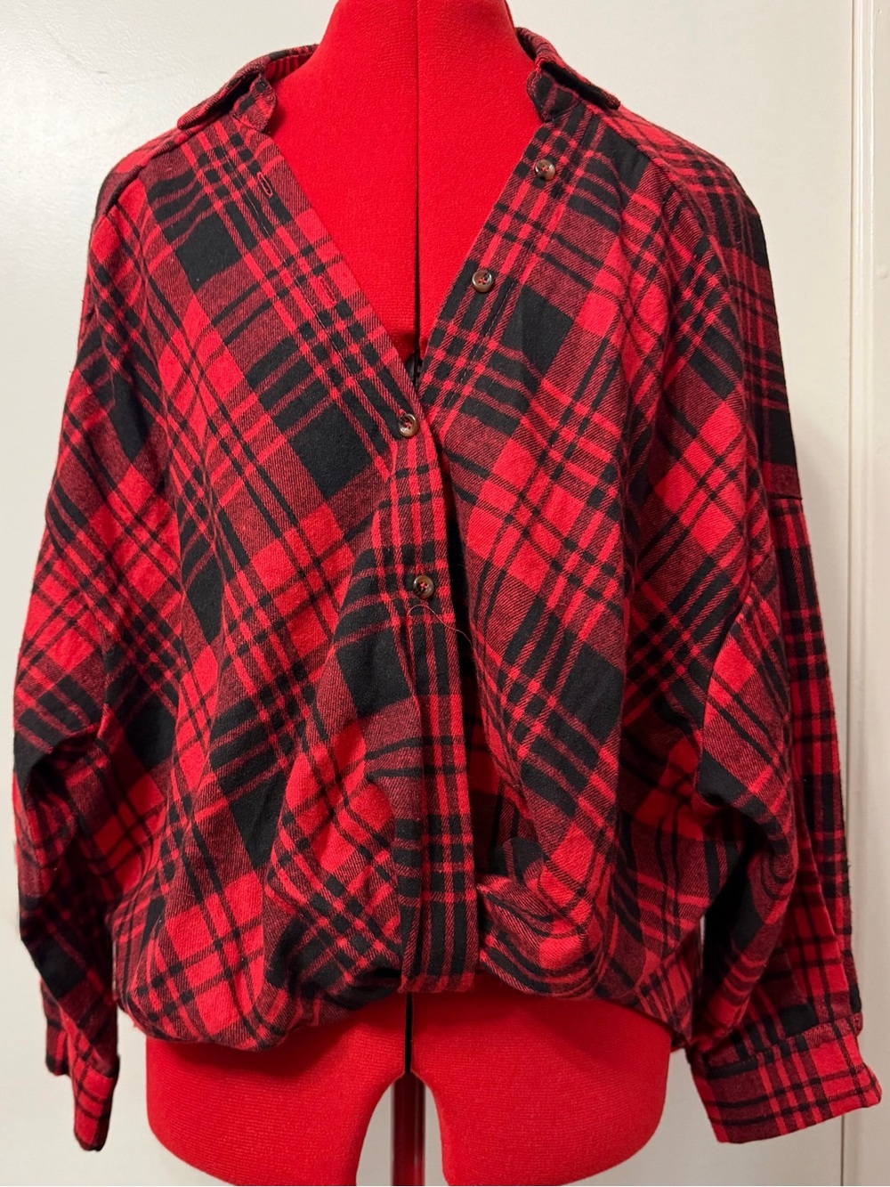 Fashion Nova Red and Black Plaid Front Twist Shirt